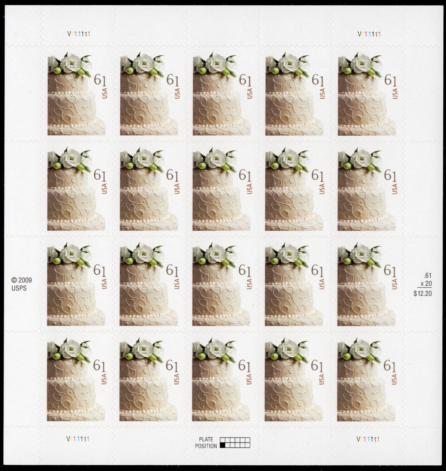 Scott #4398 Wedding Cake (Love) 61¢ Sheet of 20 Stamps - MNH