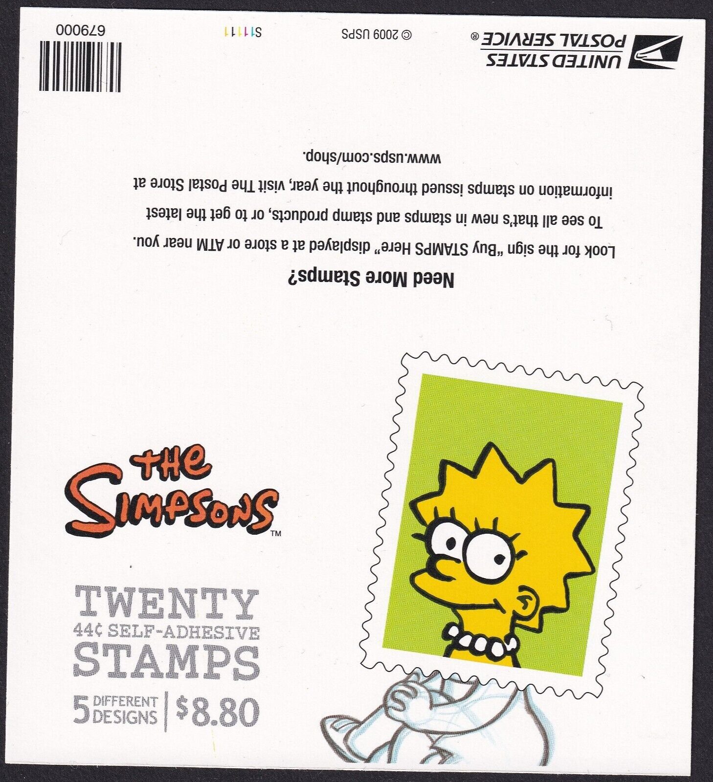 Scott #4403b 44¢ Simpsons Booklet of 20 Stamps - MNH Lisa on Back
