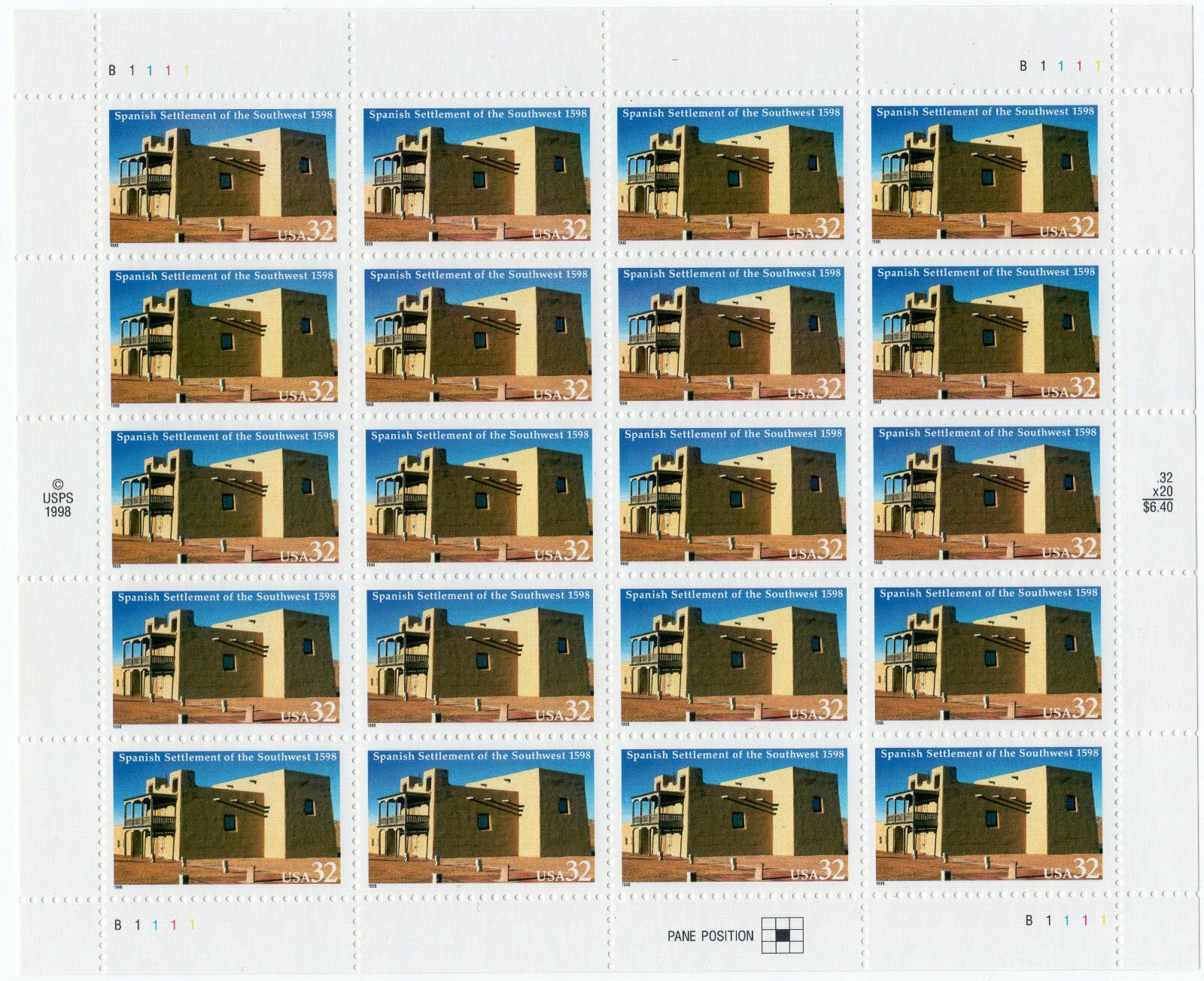 Scott #3220 Spanish Settlement of the Southwest Full Sheet of 20 Stamps - MNH