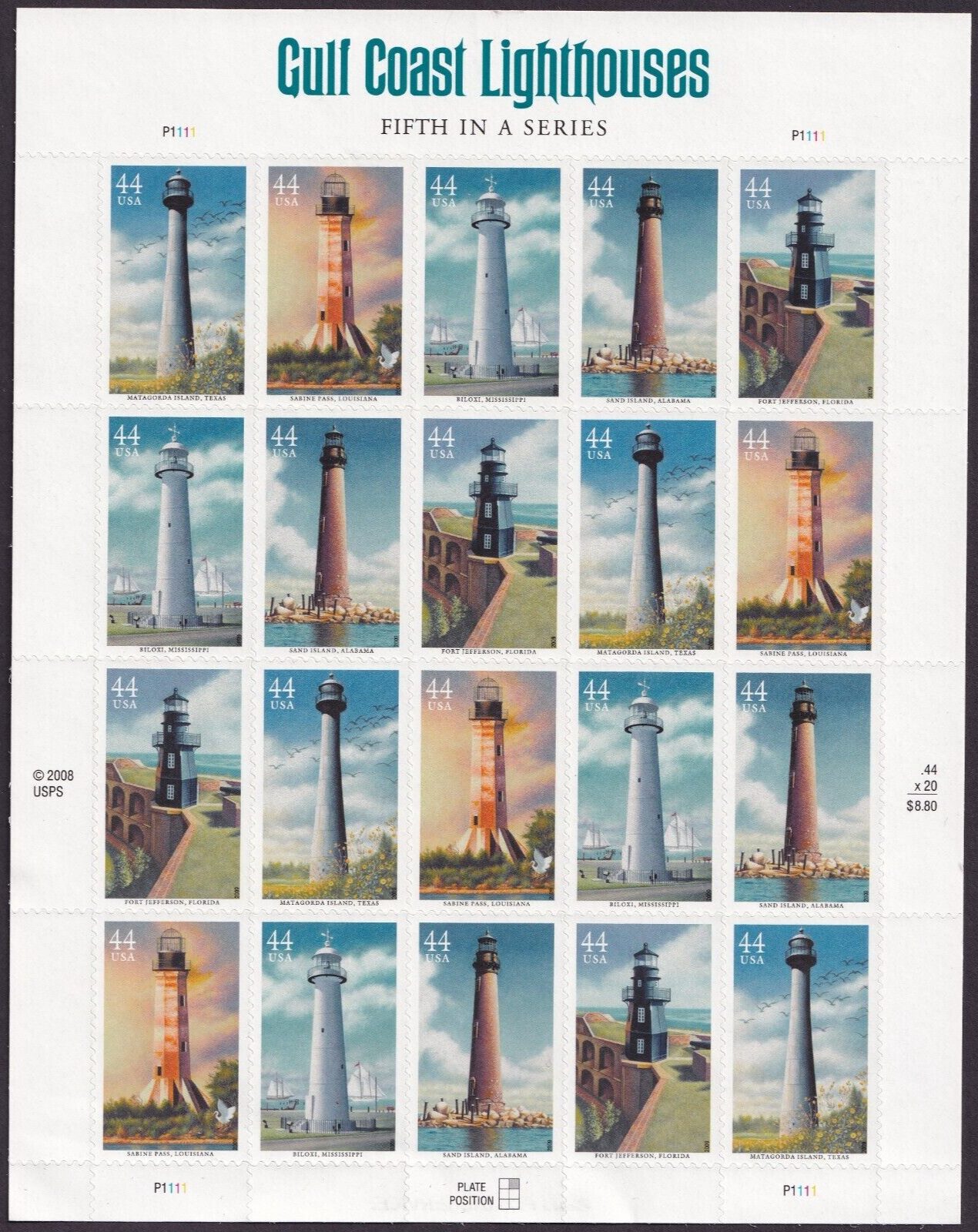 Scott #4413a (4410-13) Gulf Coast Lighthouses Full Sheet of 20 Stamps - MNH
