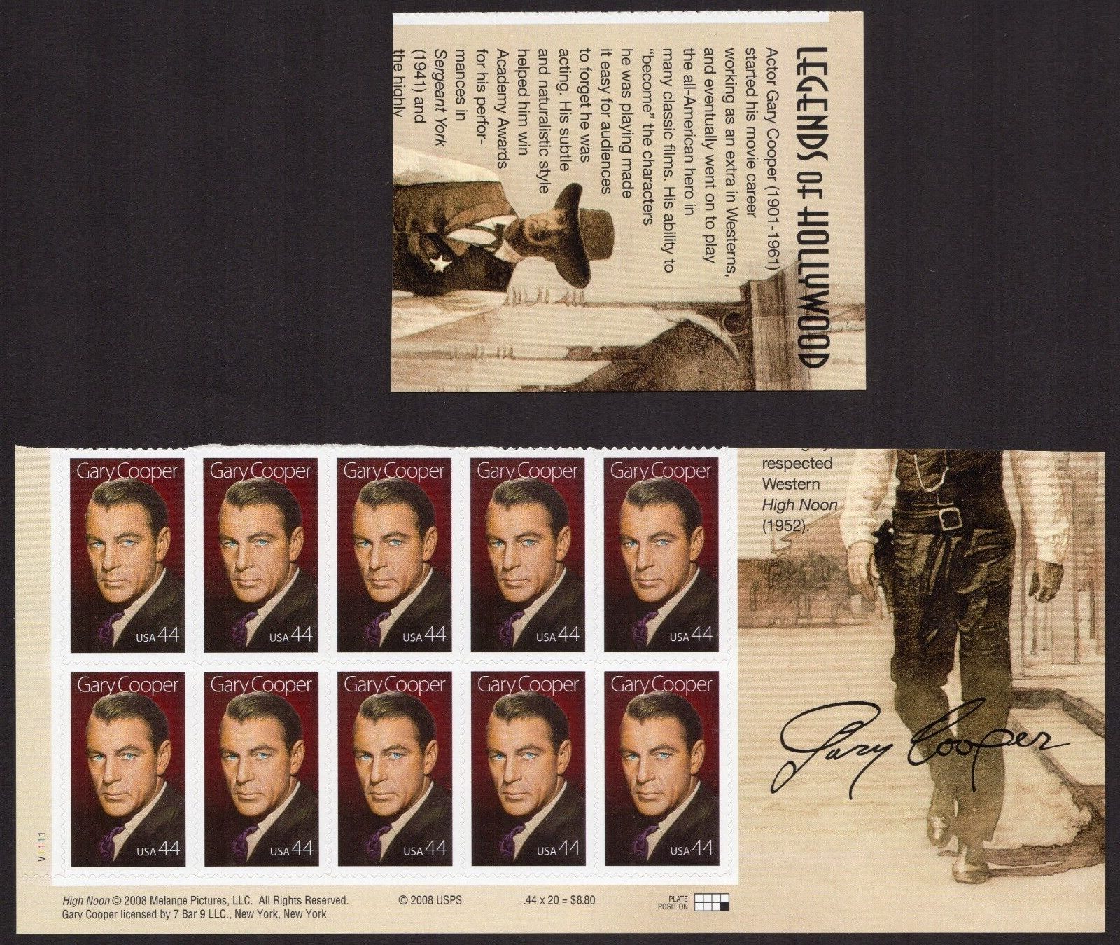 Scott #4421 Gary Cooper (Legends of Hollywood) Plate Block of 10 Stamps - MNH