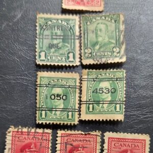 Stamp Canada #90 Edward VII, #150 & 163 George V, #231x2 & 254x3 George VI used