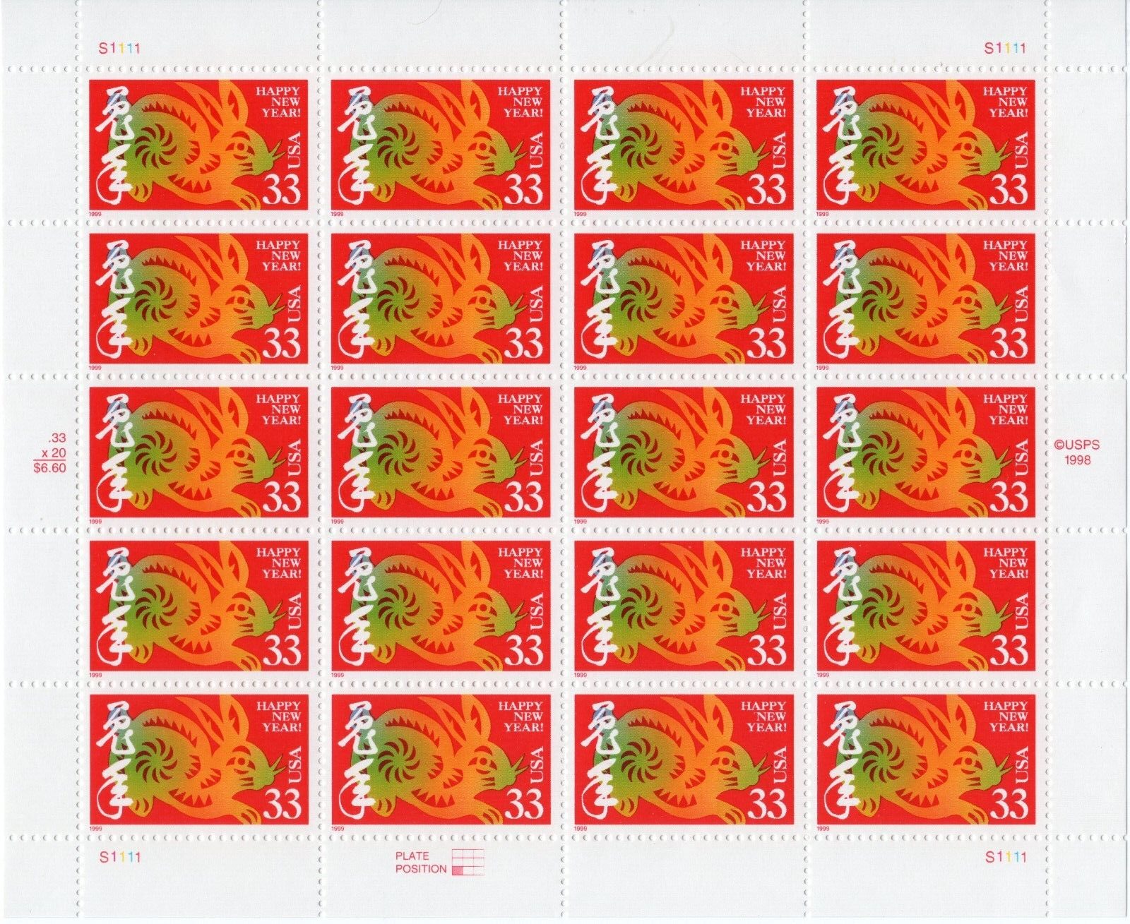 Scott #3272 Chinese New Year (Lunar, Hare) Full Sheet of 20 Stamps - MNH