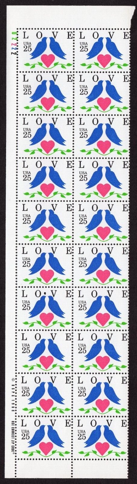 Scott #2440 Love Birds Plate Block of 20 Stamps - MNH P#U2222 UL