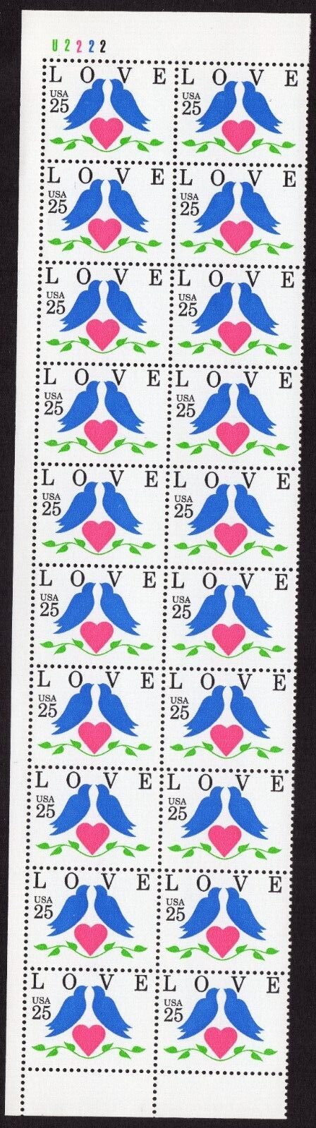 Scott #2440 Love Birds Plate Block of 20 Stamps - MNH P#U2222 UL Top