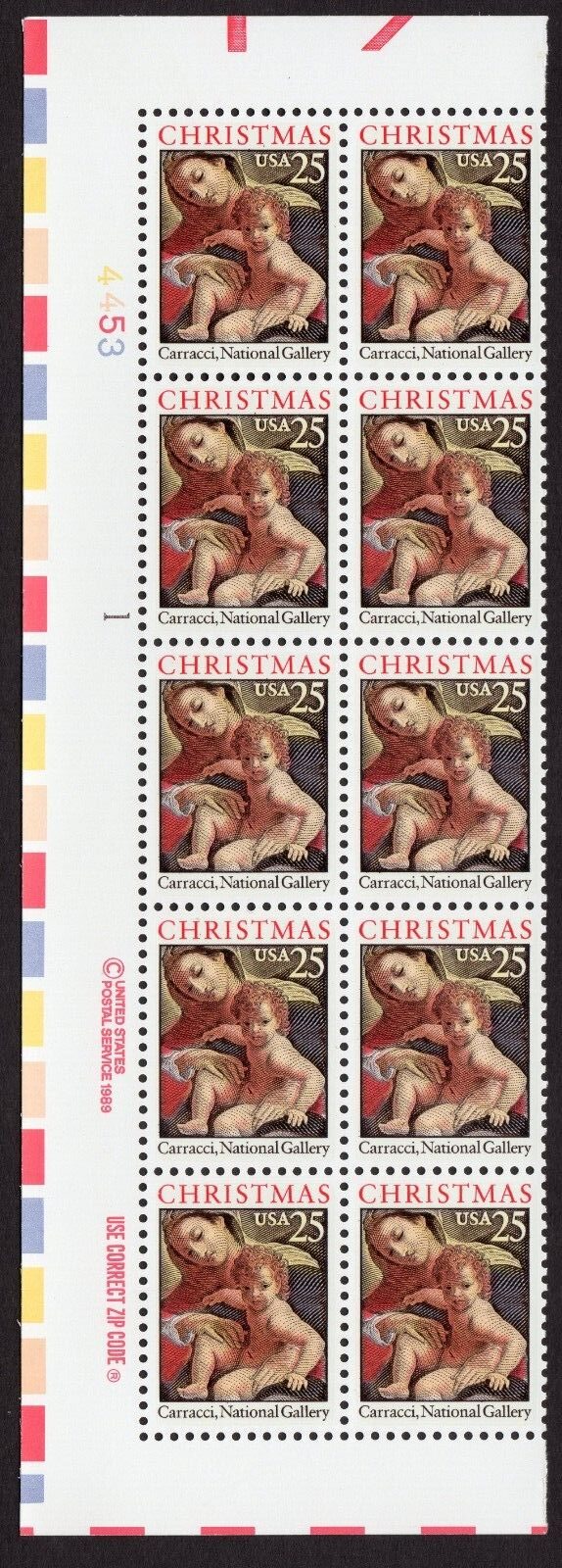 Scott #2427 Christmas Madonna (Carracci) Plate Block of 10 Stamps - MNH Left MPF