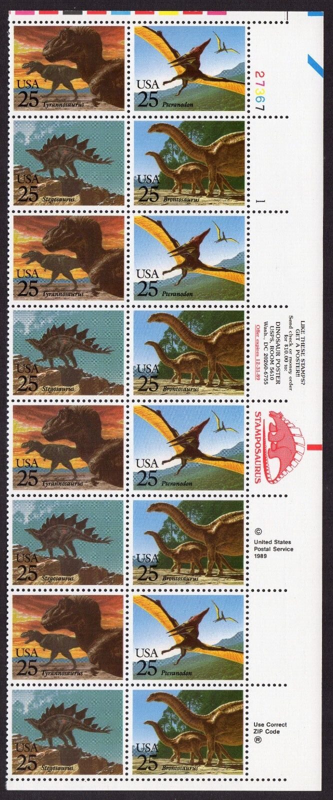 Scott #2425b (2422) Dinosaurs Plate Block Stamposaurus 16 Stamps - MNH P#27367-1