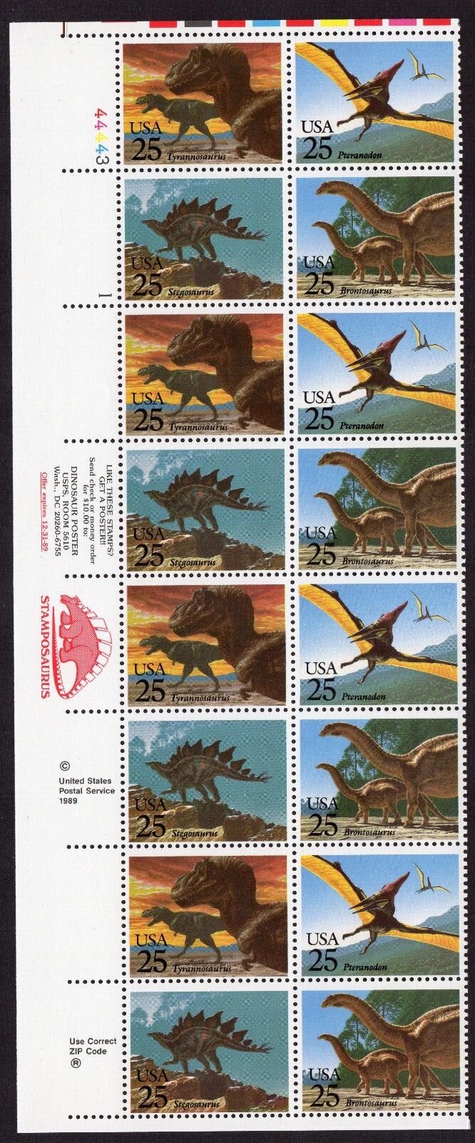 Scott #2422-2425b Dinosaurs Plate Block Stamposaurus 16 Stamps MNH P#44443-1 UL