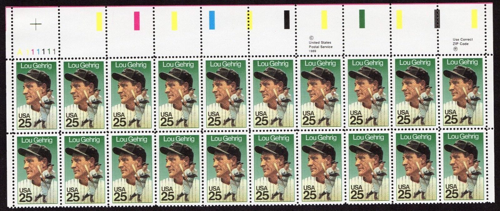 Scott #2417 Lou Gehrig (New York Yankees) 25¢ Plate Block of 20 Stamps - MNH UL