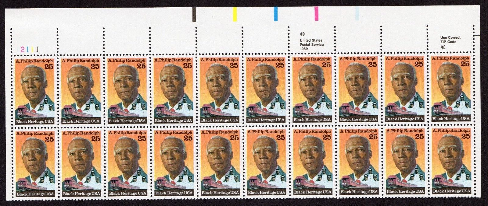 Scott #2402 A. Philip Randolph 25¢ Plate Block of 20 Stamps - MNH UL