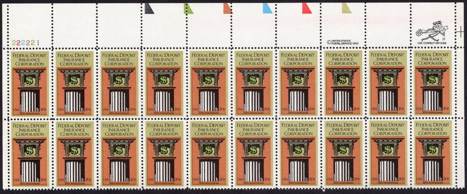Scott #2071 - FDIC Plate Block of 20 Stamps - MNH P#2222221 UL