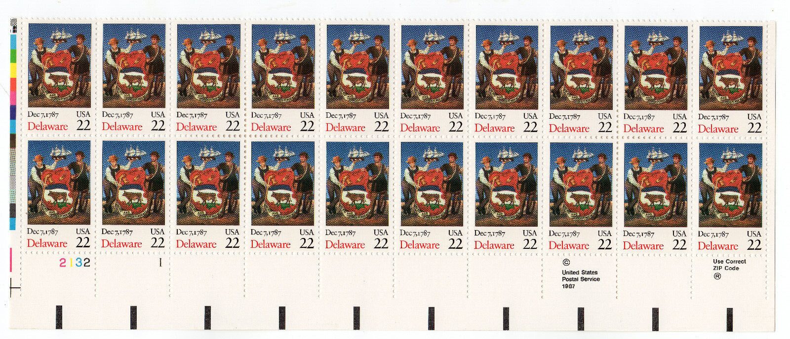 Scott #2336 Delaware Plate Block of 20 Stamps - MNH P#2132-1 (LL)