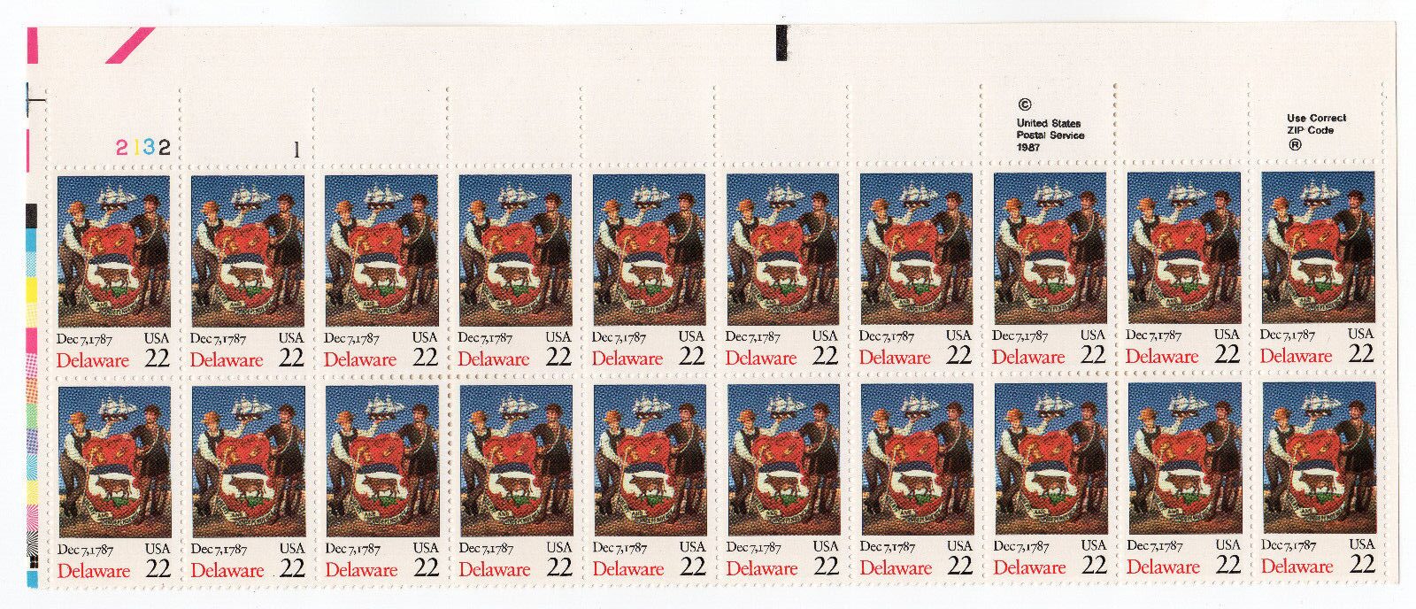 Scott #2336 Delaware Plate Block of 20 Stamps - MNH P#2132-1 UL