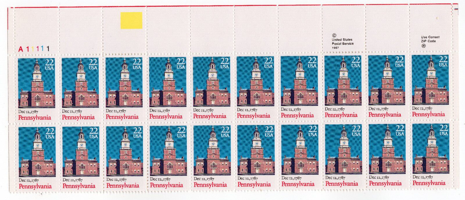 Scott #2337 Pennsylvania (Strip) Plate Block of 20 Stamps - MNH UL