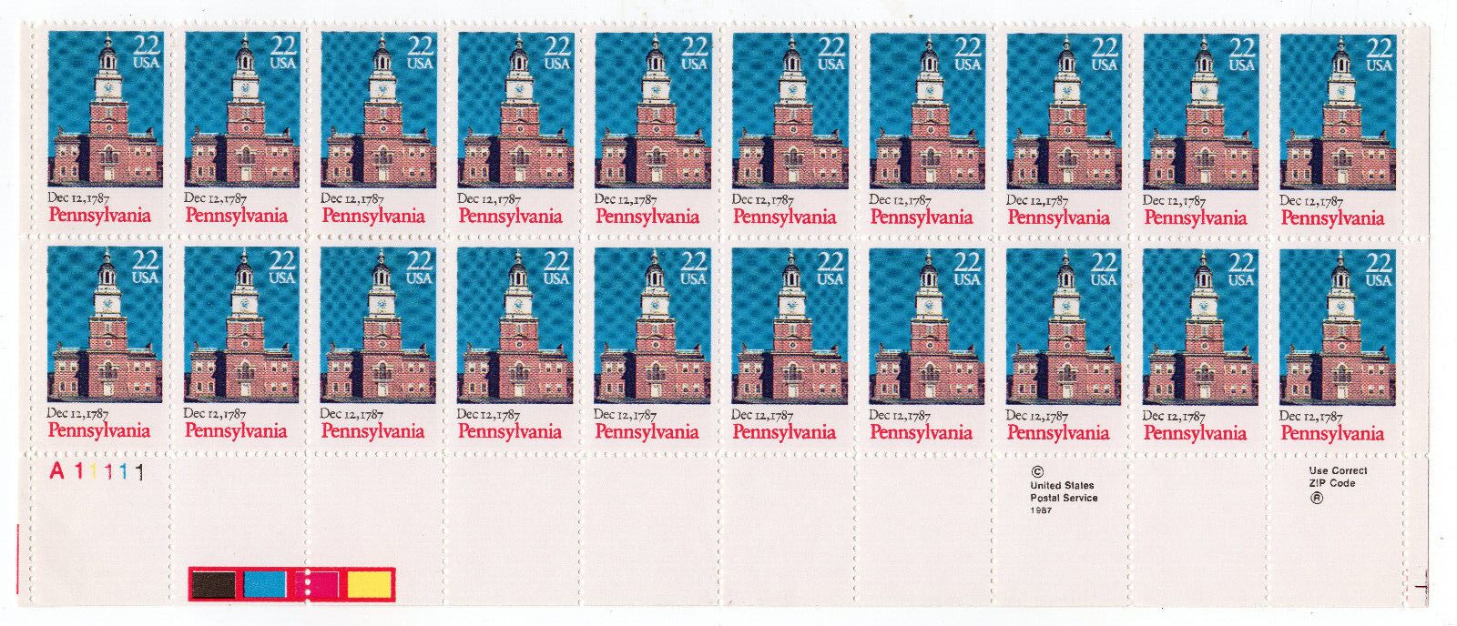 Scott #2337 Pennsylvania (Strip) Plate Block of 20 Stamps - MNH LL