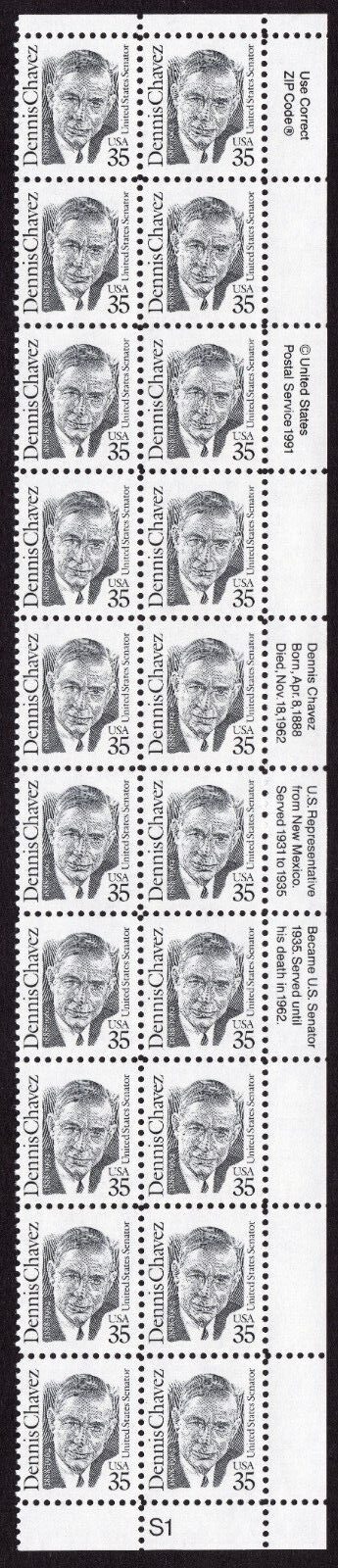Scott #2186 Dennis Chavez Plate Block Of 20 Stamps - MNH #S1 LR PC#6