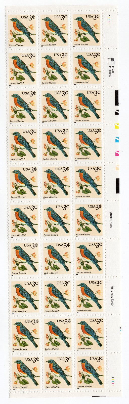 Scott #3033 Eastern Bluebird Plate Block of 30 Stamps - MNH Right