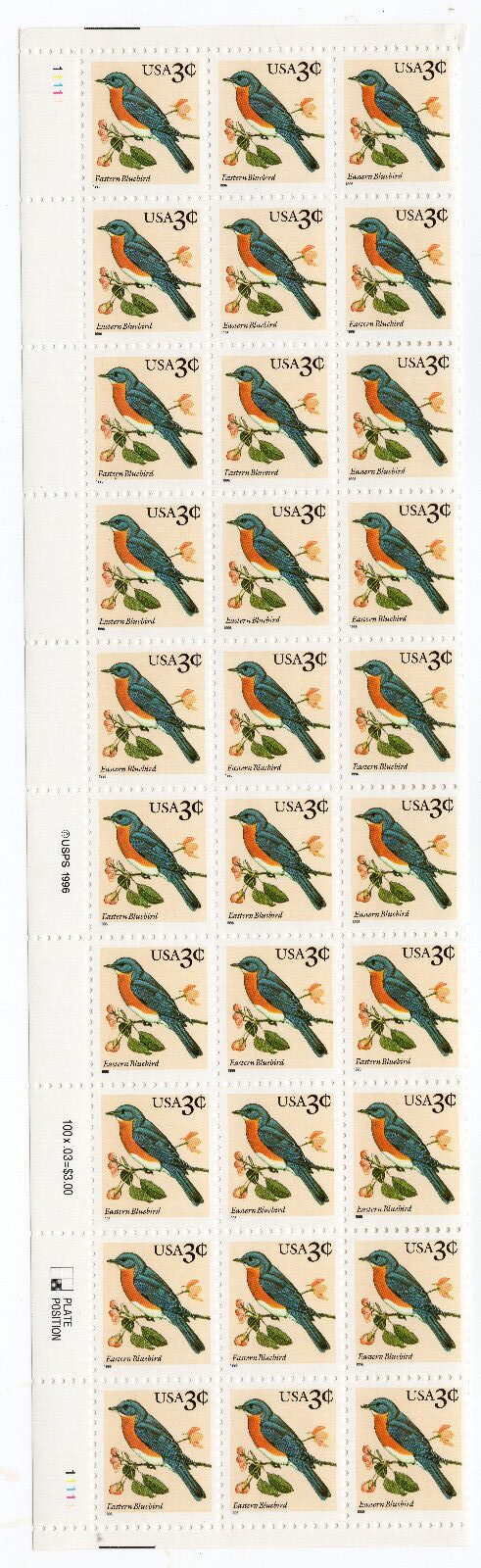 Scott #3033 Eastern Bluebird Plate Block of 30 Stamps - MNH Left