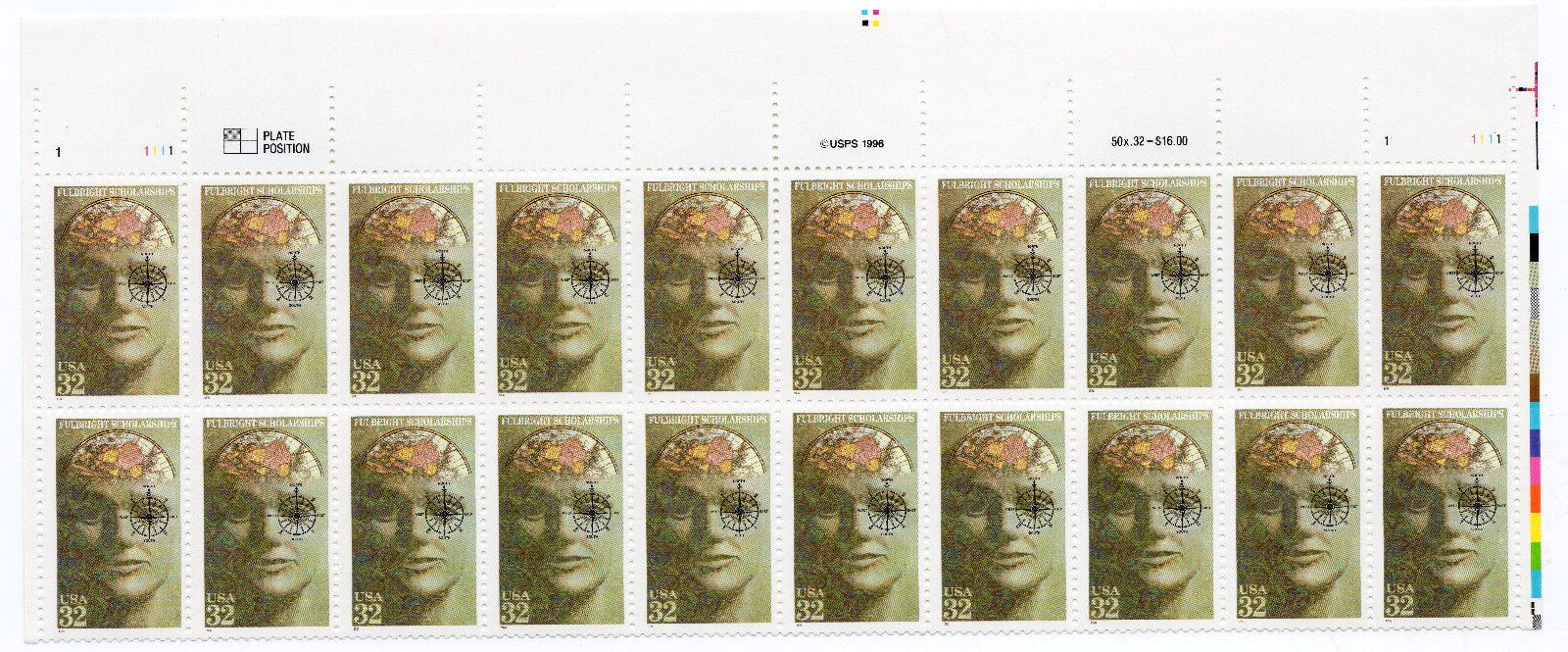Scott #3065 Fulbright Scholarships Plate Block of 20 Stamps - MNH