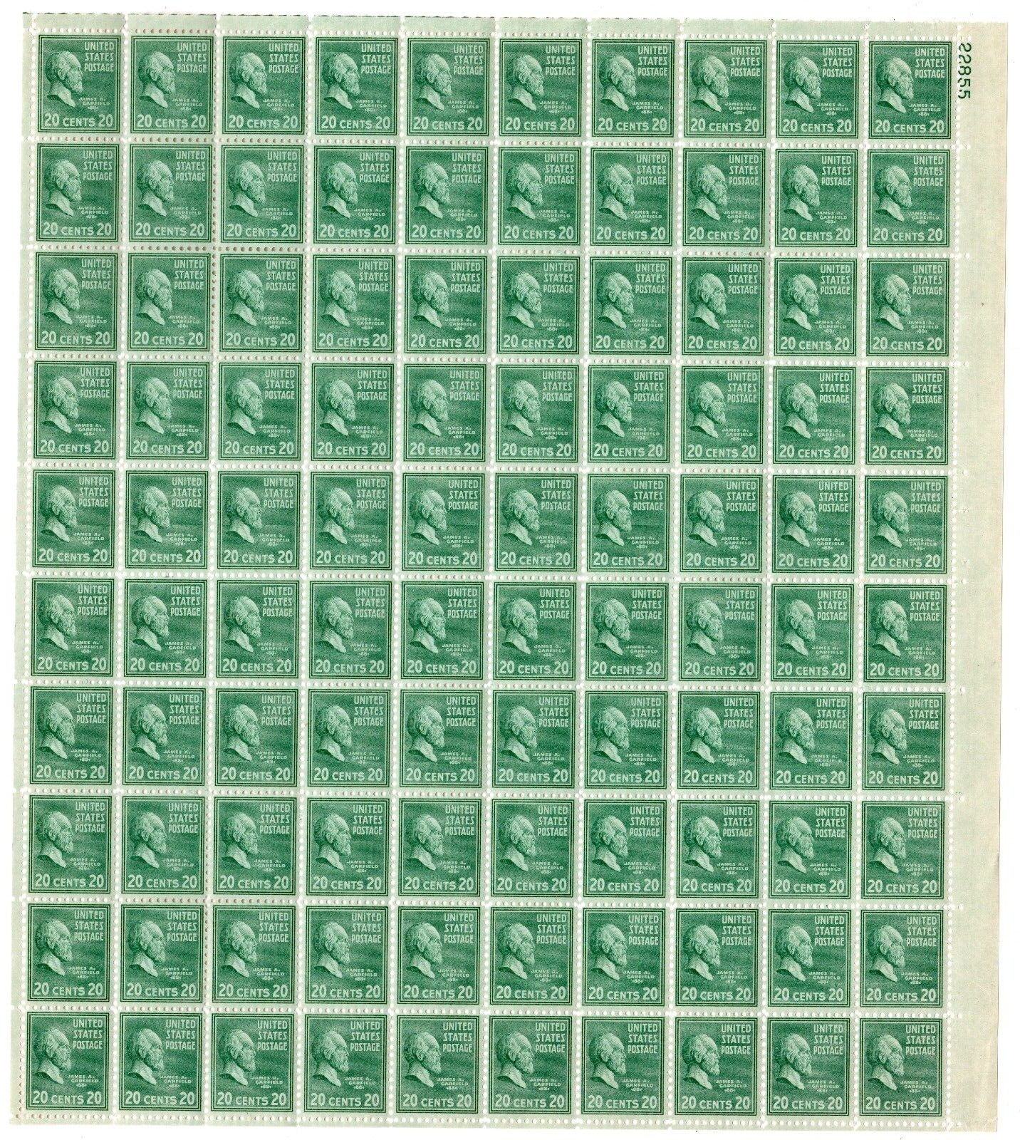Scott #825 James Garfield Prexy Sheet of 100 Stamps - MNH P#22855 UR