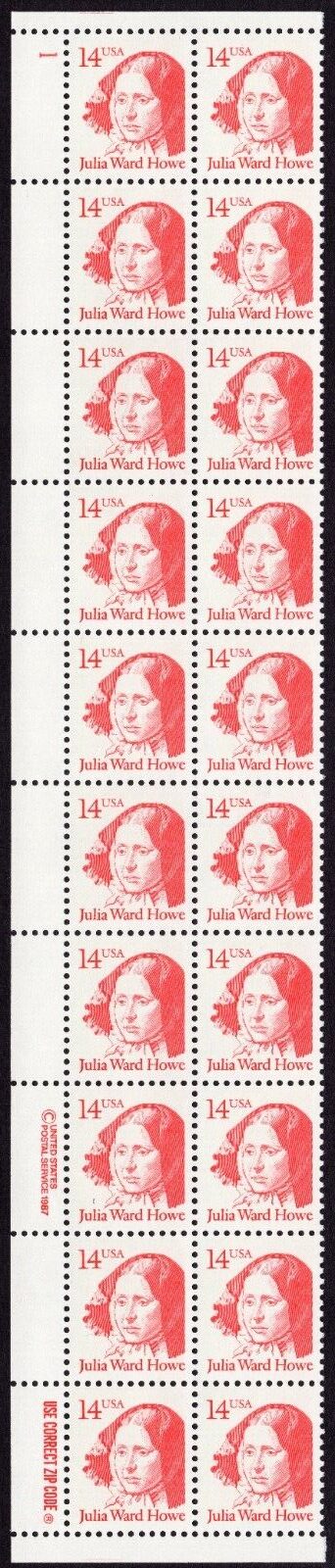 Scott #2176 Julia Ward Howe Plate Block of 20 Stamps - MNH P#1 UL