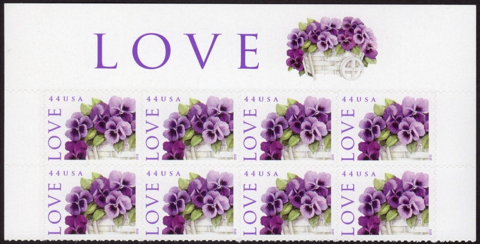 Scott #4450 44¢ Love Pansies Title Block of 8 Stamps - MNH