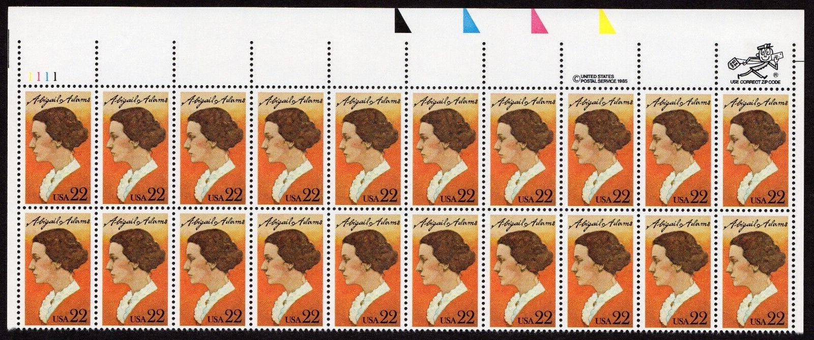 Scott #2146 Abigail Adams (Love Letters) Plate Block of 20 Stamps - MNH UL