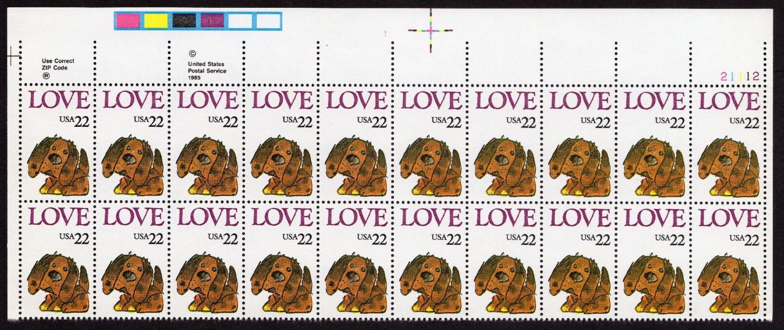 Scott #2202 Puppy Love Plate Block of 20 Stamps - MNH UR