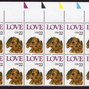 Scott #2202 Puppy Love Plate Block of 20 Stamps - MNH UL