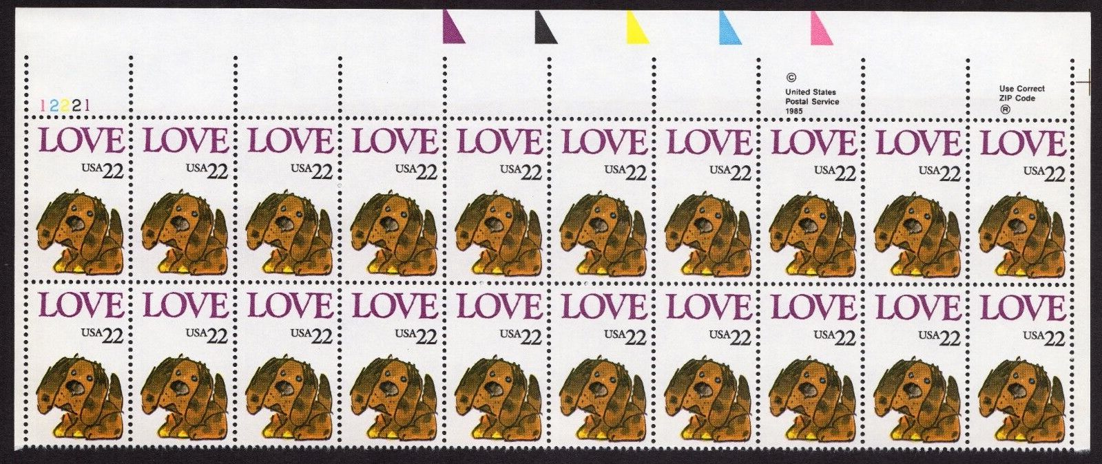 Scott #2202 Puppy Love Plate Block of 20 Stamps - MNH UL