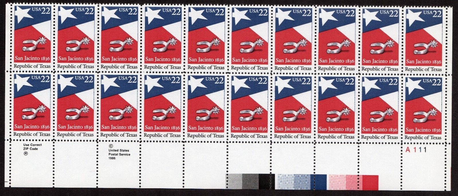 Scott #2204 22¢ Republic of Texas Plate Block of 20 Stamps - MNH LR