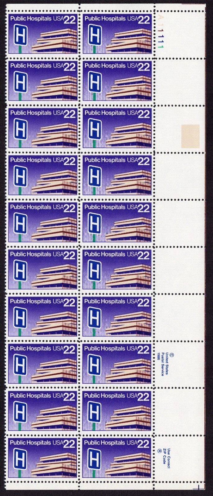 Scott #2210 Public Hospitals Plate Block of 20 Stamps - MNH UR