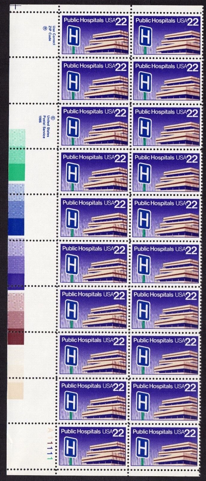 Scott #2210 Public Hospitals Plate Block of 20 Stamps - MNH LL #1