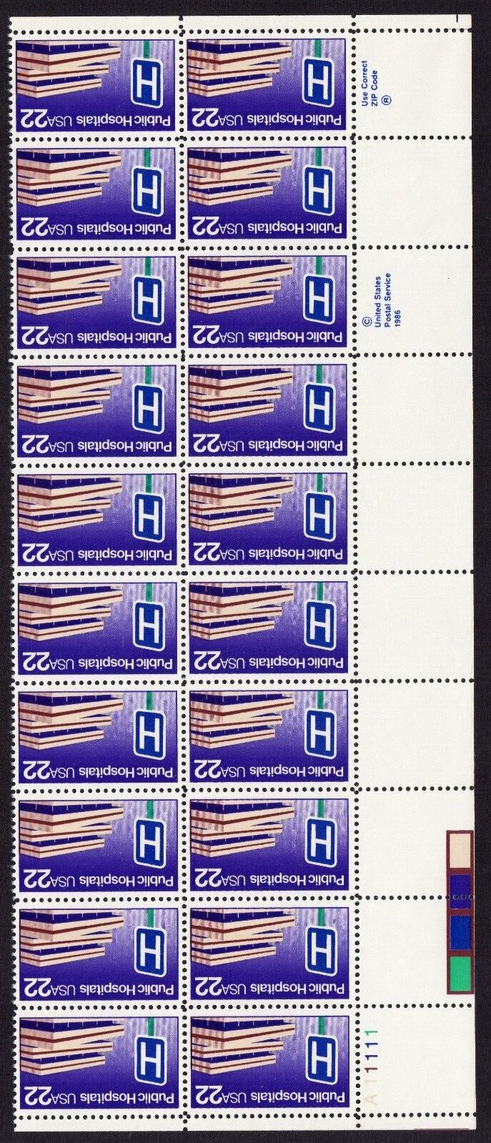 Scott #2210 Public Hospitals Plate Block of 20 Stamps - MNH LR