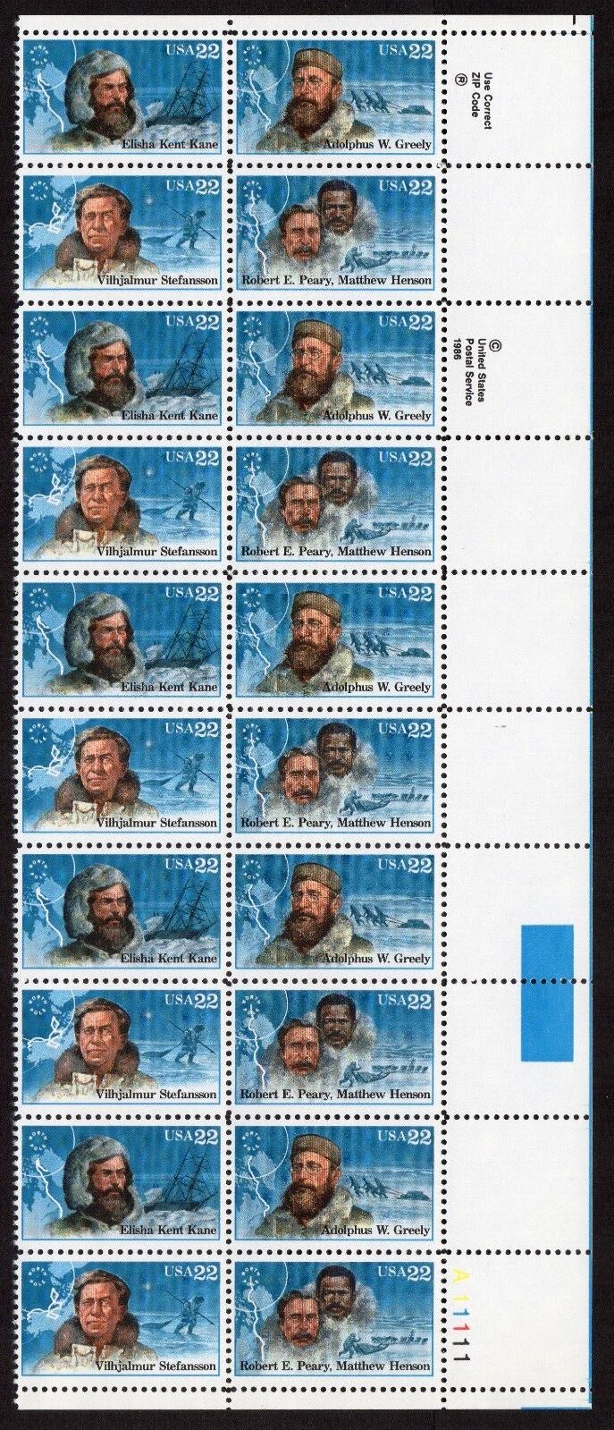 Scott #2223a (2220-23) Arctic Explorers Plate Block of 20 Stamps - MNH LR #1