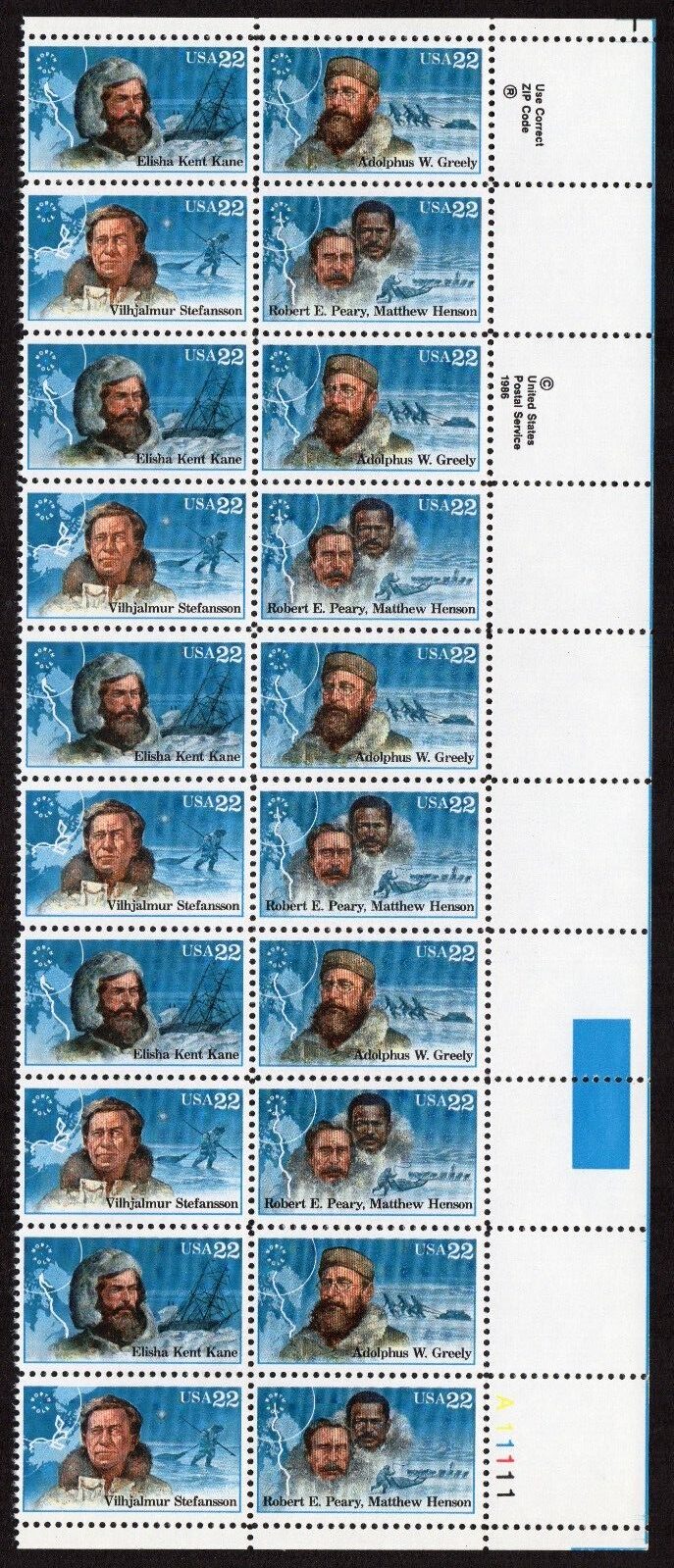 Scott #2223a (2220-23) Arctic Explorers Plate Block of 20 Stamps - MNH LR #2