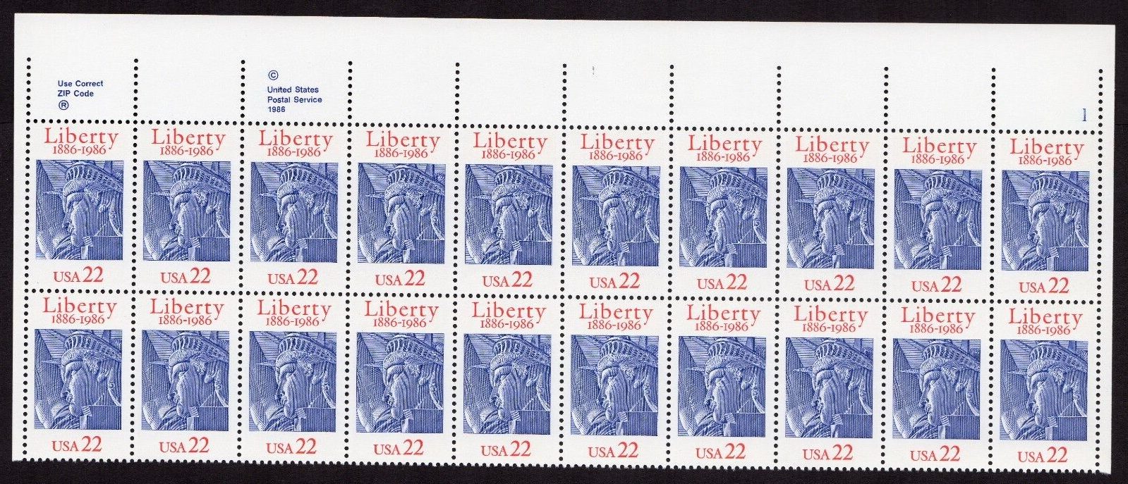 Scott #2224 Statue of Liberty Plate Block of 20 Stamps - MNH UR