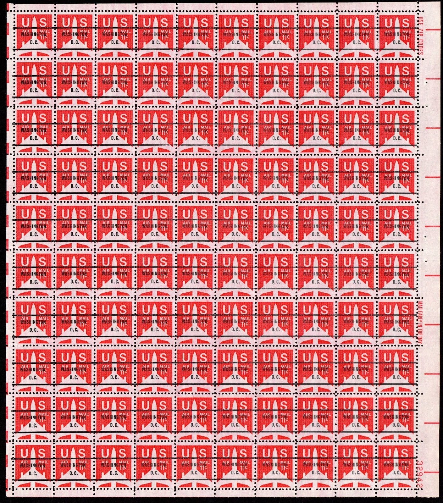 Scott #c78b Jet Washington D.C. Sheet of 100 Stamps PRECANCEL - MNH P#32942 LR