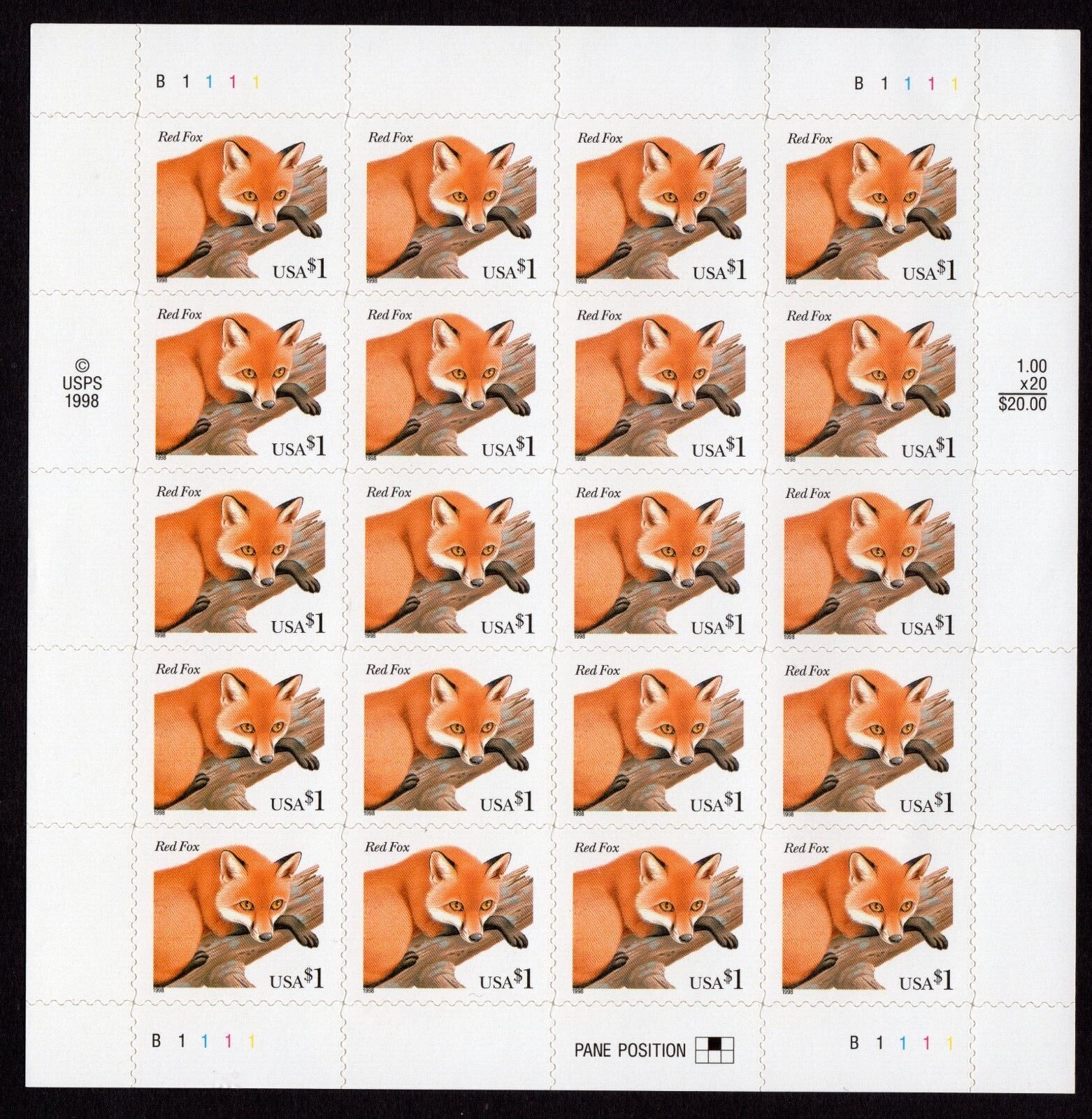 Scott #3036 Red Fox Full Sheet of 20 Stamps - MNH