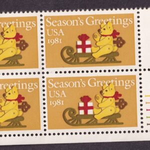 Scott #1940 Teddy Bear on Sleigh Plate Block of 4 Stamps - MNH P#11111 LR