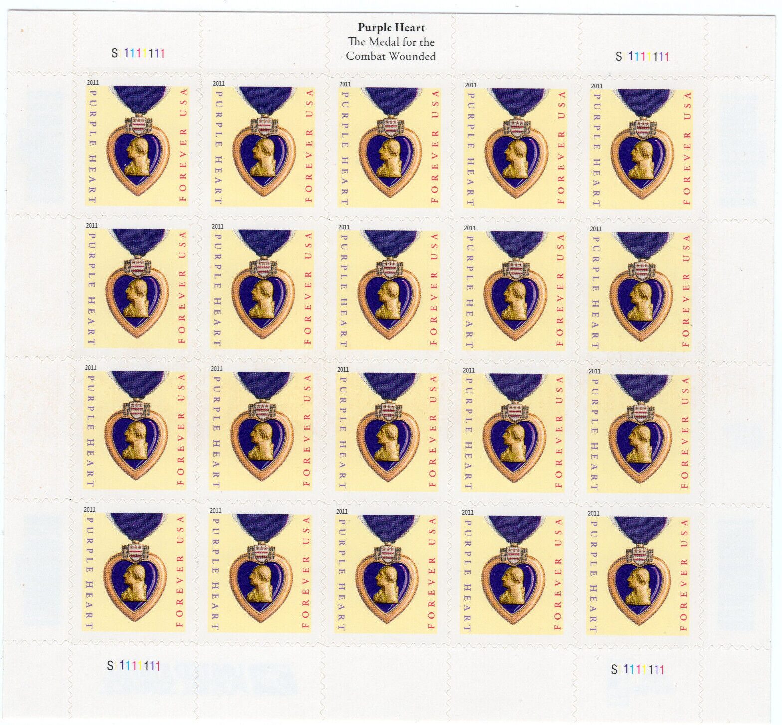Scott #4529 Purple Heart (VFW, 2011) Full Sheet of 20 Forever Stamps - MNH