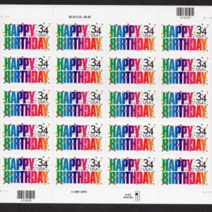 Scott #3558 Happy Birthday Sheet of 20 Stamps - MNH