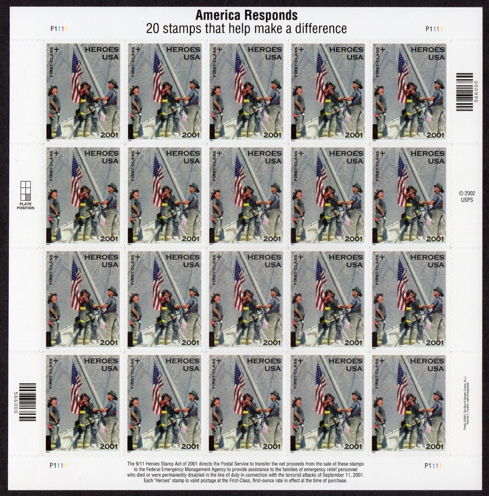 Scott #B2 9-11 America Responds Full Sheet of 20 Stamps - MNH P#P1111