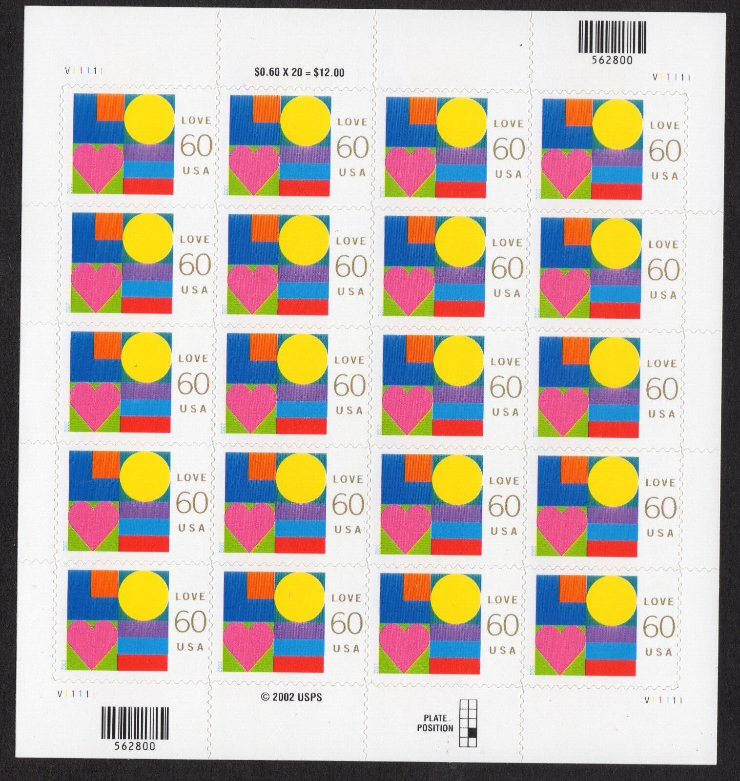 Scott #3658 Wedding Love Sheet of 20 Stamps- MNH Position C2