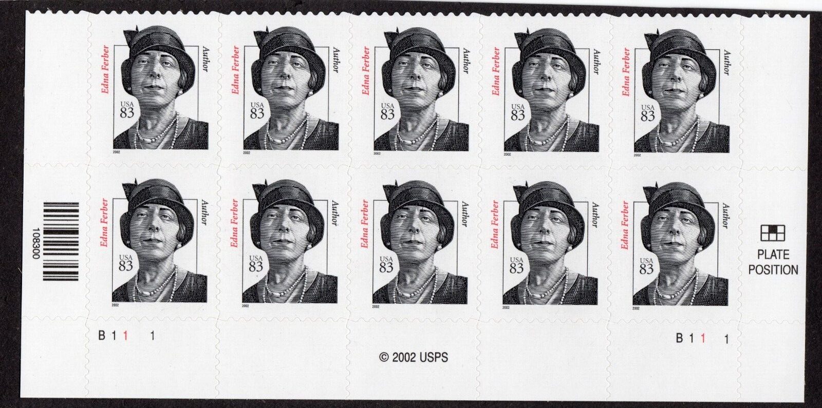 Scott #3433 Edna Ferber Plate Block of 10 Stamps - MNH Bottom