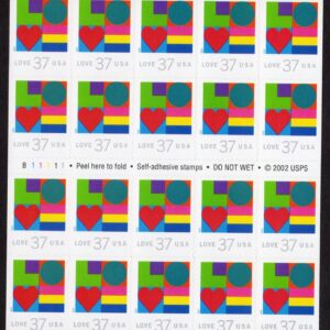 Scott #3657a Love Heart Booklet of 20 Stamps - MNH P#B11111