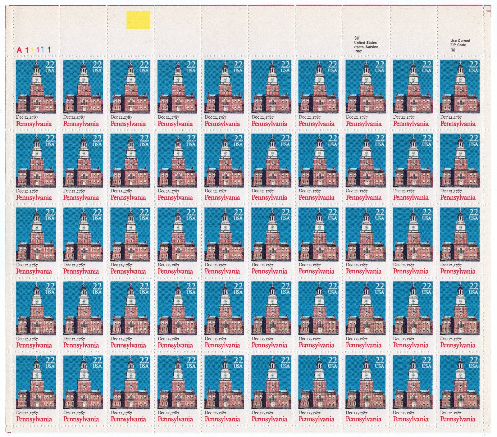Scott #2337 Pennsylvania Sheet of 50 Stamps - MNH P#A11111 UL