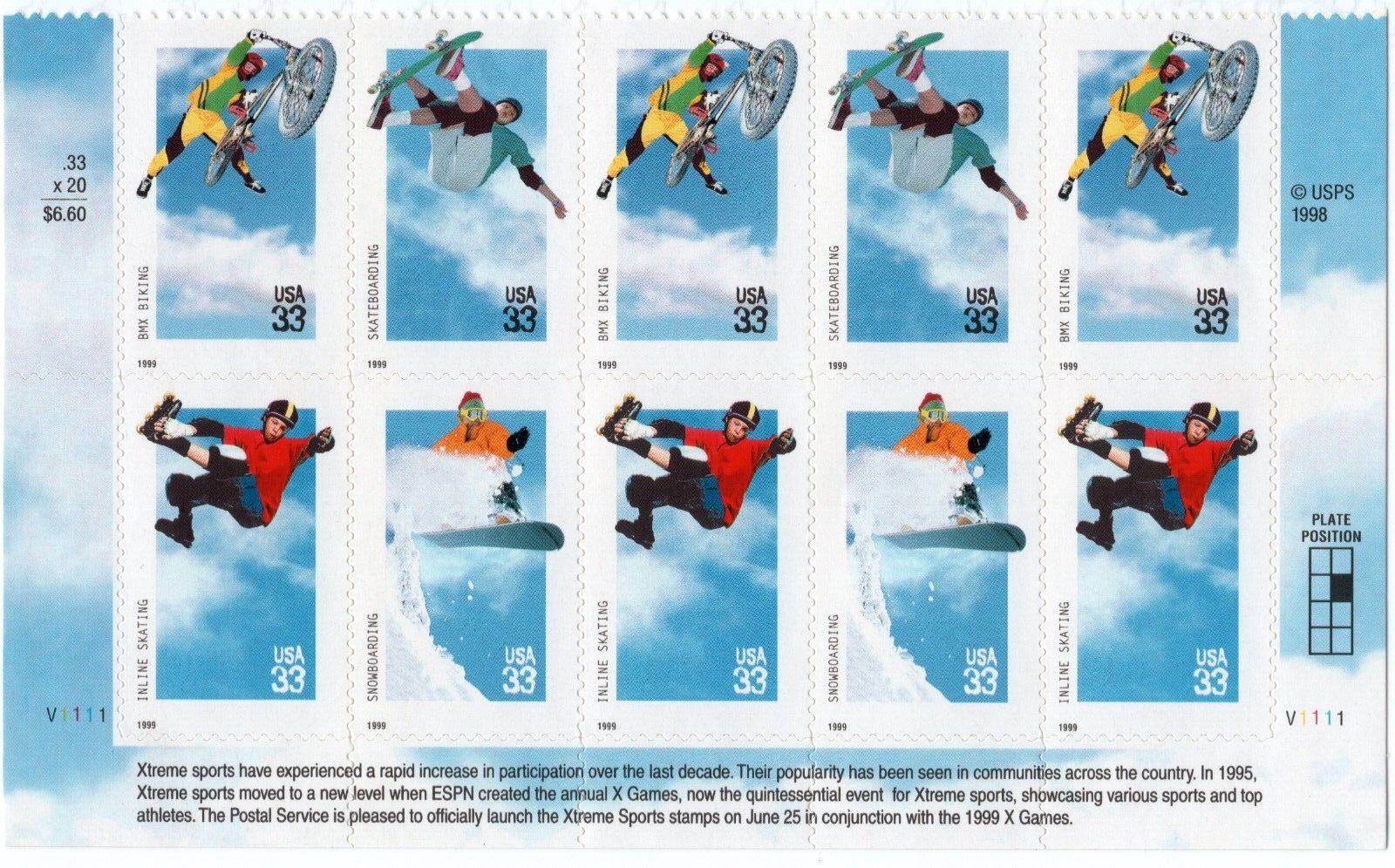 Scott #3324a (3321-3324) Xtreme Sports Half Sheet of 10 Stamps - MNH Bottom