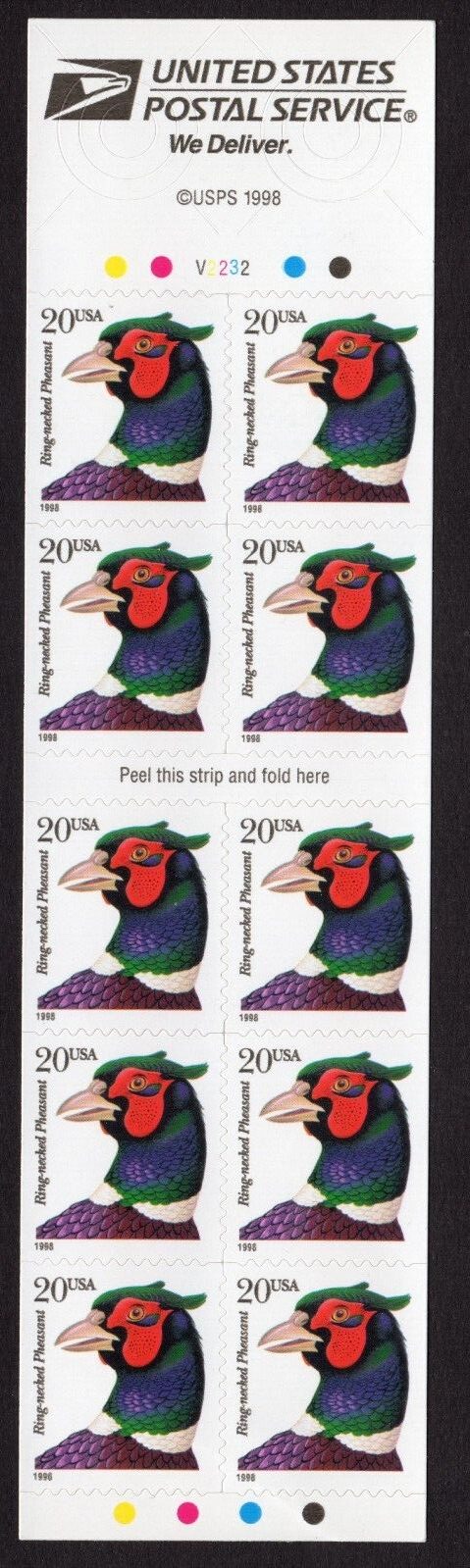 Scott #3050a Ring-necked Pheasant Booklet of 10 Stamps - MNH P#V2232