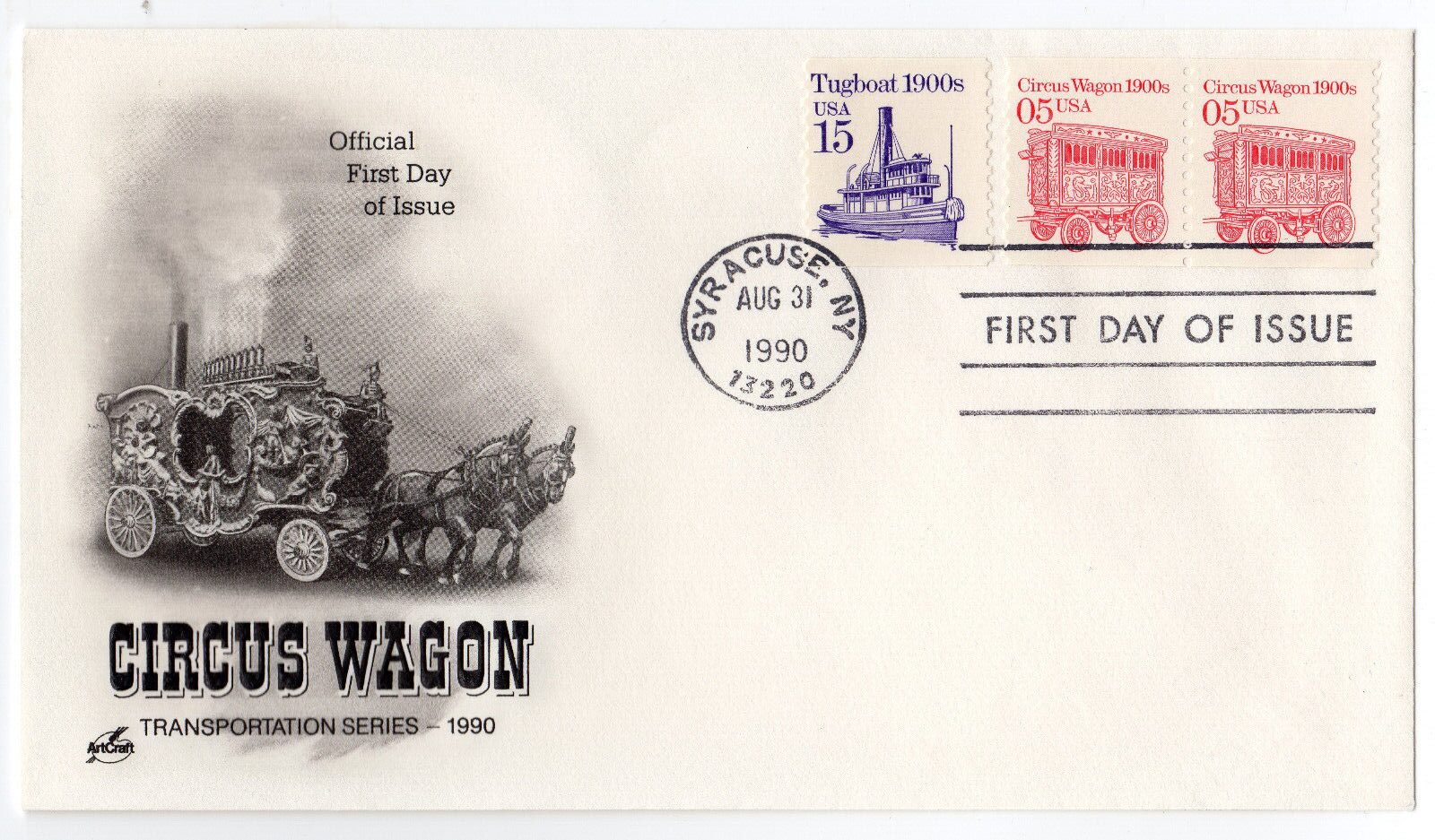 Scott #2452 & 2260 Circus Wagon (08/31/1990) Artcraft Coil Pair FDC Syracuse NY